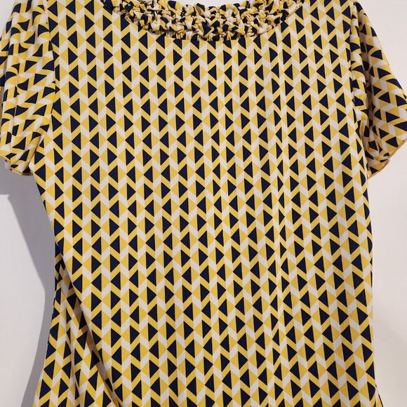 New Directions Petite Vintage Top PL Blue Yellow White Short Sleeve Blouse - Picture 3 of 8